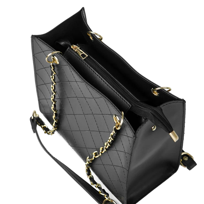 Women’s Faux Leather Shoulder Bag – Black, Medium Size Tote with Double Compartments, Chain Straps, and Top Zip Closure