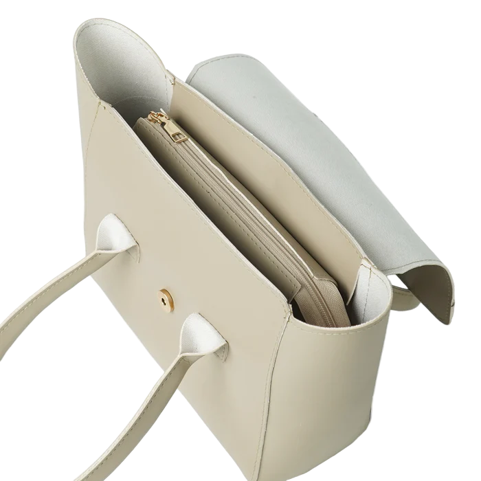 Women’s Faux Leather Handbag – Beige, Structured Tote with Fixed Shoulder Handles and Top Zip Closure