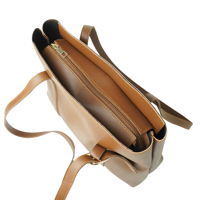 Women’s Faux Leather Shoulder Bag – Brown, Medium Tote with Fixed Straps, Inside Zip Pocket, and Top Zip Closure