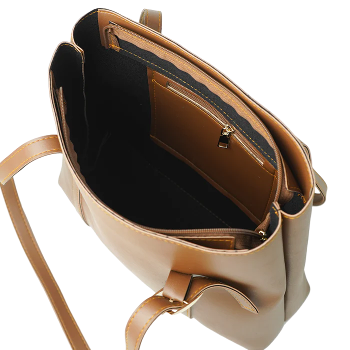 Women’s Faux Leather Shoulder Bag – Brown, Medium Tote with Fixed Straps, Inside Zip Pocket, and Top Zip Closure