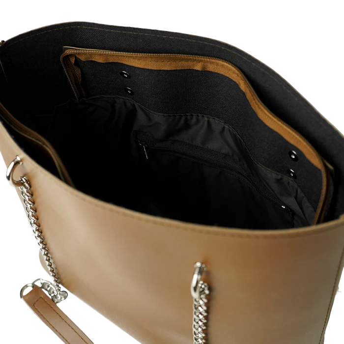 Women’s Faux Leather Shoulder Bag – Brown, Medium Tote with Chain Straps, Multiple Inner Pockets, and Top Zip Closure