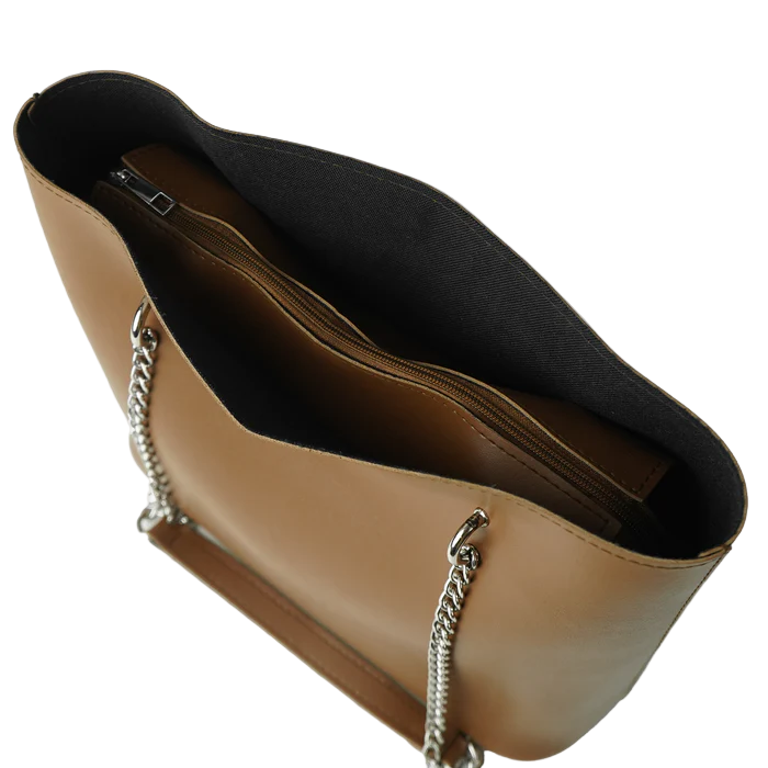 Women’s Faux Leather Shoulder Bag – Brown, Medium Tote with Chain Straps, Multiple Inner Pockets, and Top Zip Closure