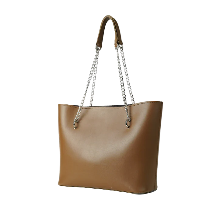 Women’s Faux Leather Shoulder Bag – Brown, Medium Tote with Chain Straps, Multiple Inner Pockets, and Top Zip Closure