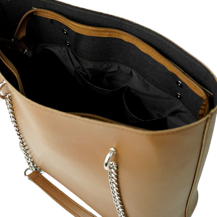 Women’s Faux Leather Shoulder Bag – Brown, Medium Tote with Chain Straps, Multiple Inner Pockets, and Top Zip Closure