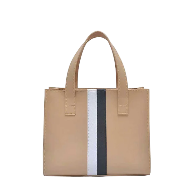 Women’s Beige Handbag with Dual Compartments & Stripe Design – Faux Leather with Handles & Long Strap