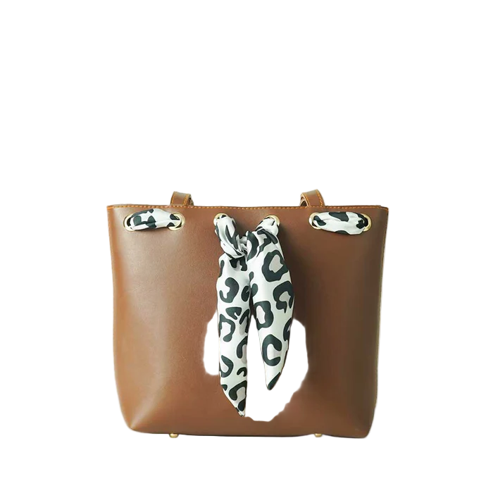 Women’s Faux Leather Shoulder Bag – Brown, Medium Tote with Scarf Accent, Fixed Straps, Inside Pocket, and Top Zip Closure