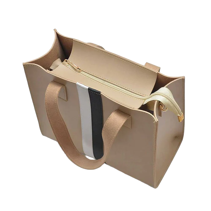 Women’s Beige Handbag with Dual Compartments & Stripe Design – Faux Leather with Handles & Long Strap