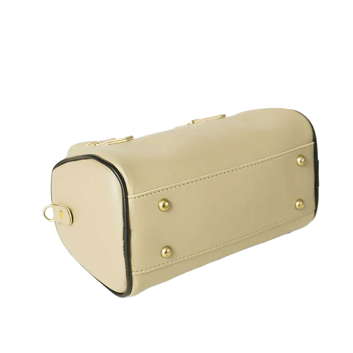 Women’s Drum-Style Handbag – Beige Faux Leather with Handles & Long Strap