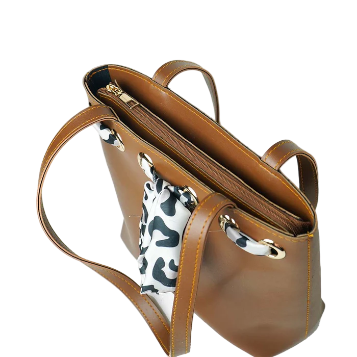 Women’s Faux Leather Shoulder Bag – Brown, Medium Tote with Scarf Accent, Fixed Straps, Inside Pocket, and Top Zip Closure