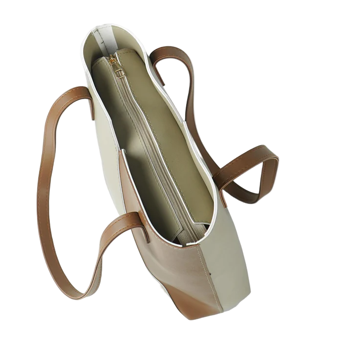 Women’s Faux Leather Shoulder Bag – Beige and Brown, Medium Tote with Fixed Straps and Top Zip Closure