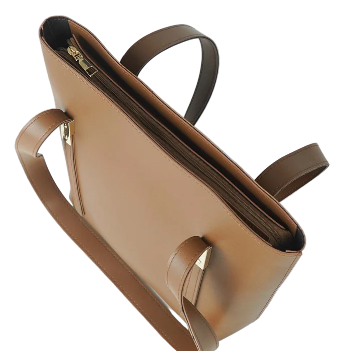Women’s Brown Medium Shoulder Bag with Fixed Straps and Top Zip Closure