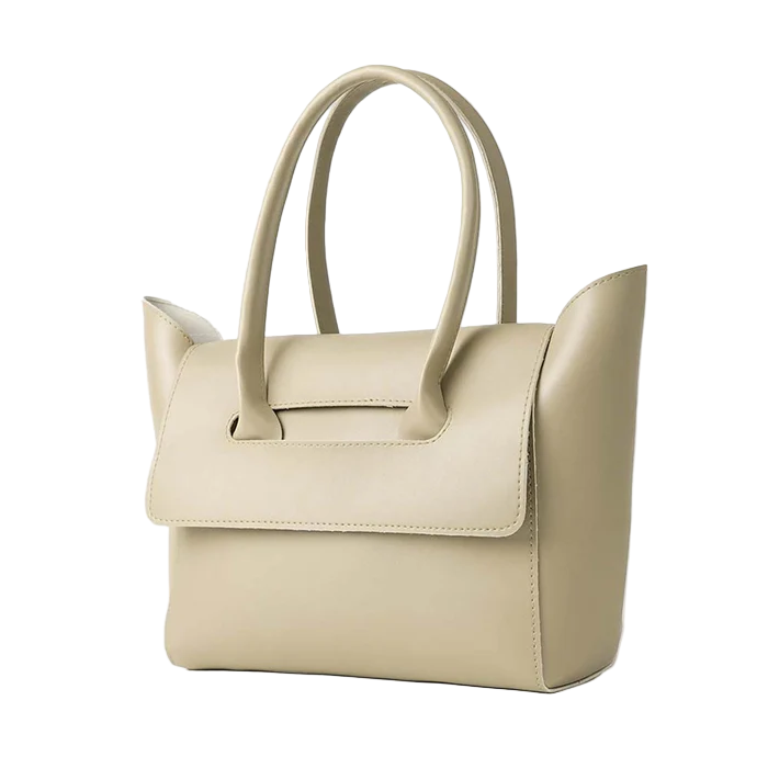 Women’s Faux Leather Handbag – Beige, Structured Tote with Fixed Shoulder Handles and Top Zip Closure