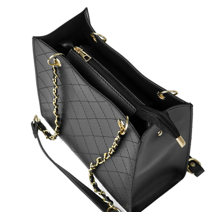 Women’s Faux Leather Shoulder Bag – Black, Medium Size Tote with Double Compartments, Chain Straps, and Top Zip Closure