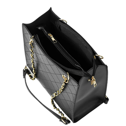 Women’s Faux Leather Shoulder Bag – Black, Medium Size Tote with Double Compartments, Chain Straps, and Top Zip Closure