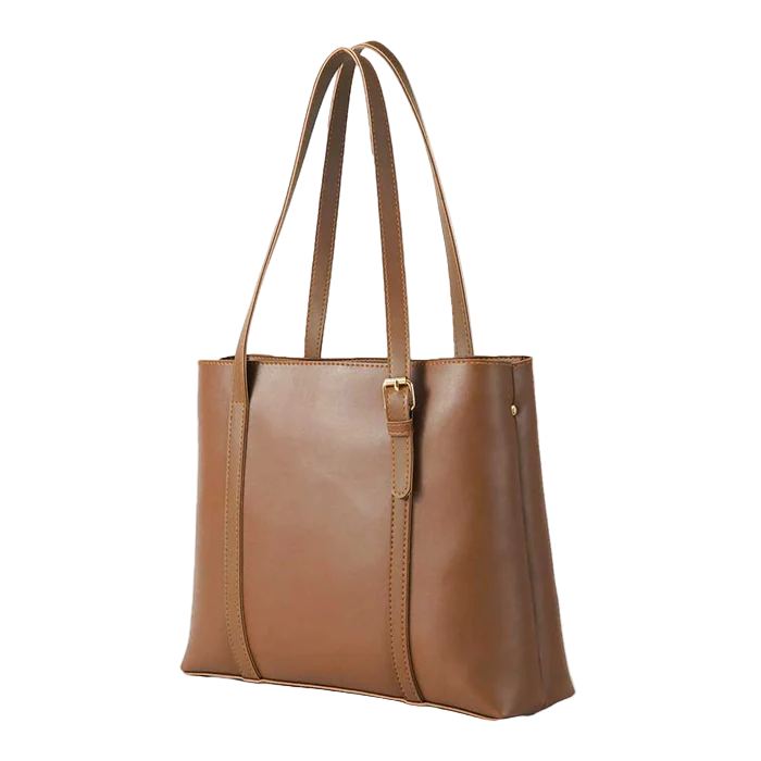 Women’s Faux Leather Shoulder Bag – Brown, Medium Tote with Fixed Straps, Inside Zip Pocket, and Top Zip Closure