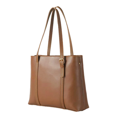 Women’s Faux Leather Shoulder Bag – Brown, Medium Tote with Fixed Straps, Inside Zip Pocket, and Top Zip Closure