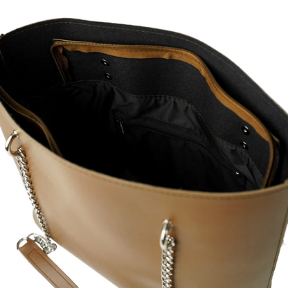 Women’s Faux Leather Shoulder Bag – Brown, Medium Tote with Chain Straps, Multiple Inner Pockets, and Top Zip Closure