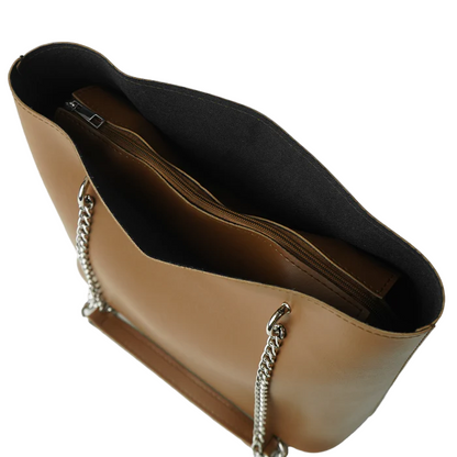 Women’s Faux Leather Shoulder Bag – Brown, Medium Tote with Chain Straps, Multiple Inner Pockets, and Top Zip Closure