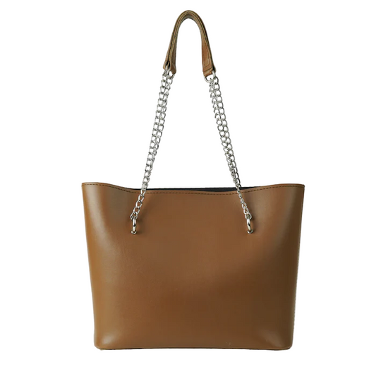 Women’s Faux Leather Shoulder Bag – Brown, Medium Tote with Chain Straps, Multiple Inner Pockets, and Top Zip Closure