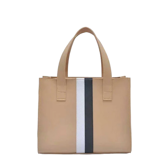 Women’s Beige Handbag with Dual Compartments & Stripe Design – Faux Leather with Handles & Long Strap