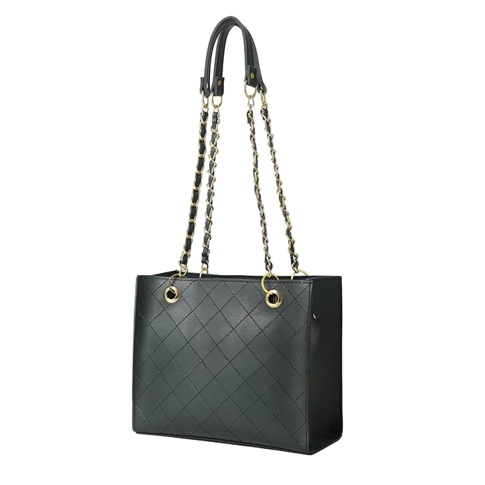 Women’s Faux Leather Shoulder Bag – Black, Medium Size Tote with Double Compartments, Chain Straps, and Top Zip Closure