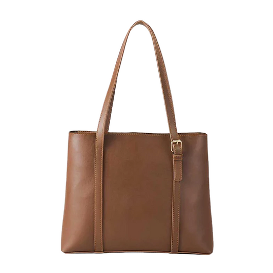 Women’s Faux Leather Shoulder Bag – Brown, Medium Tote with Fixed Straps, Inside Zip Pocket, and Top Zip Closure