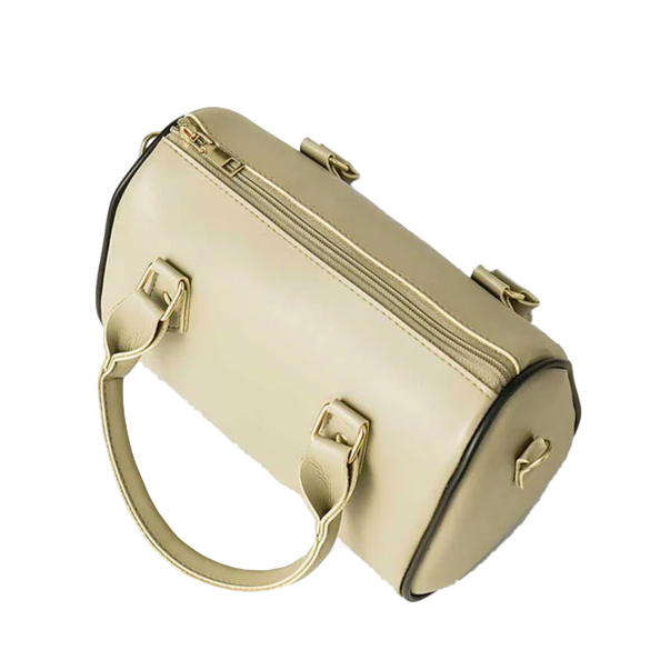 Women’s Drum-Style Handbag – Beige Faux Leather with Handles & Long Strap