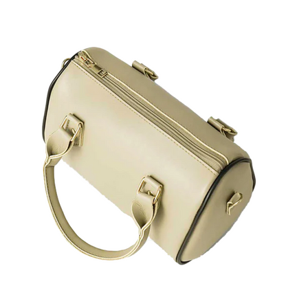 Women’s Drum-Style Handbag – Beige Faux Leather with Handles & Long Strap