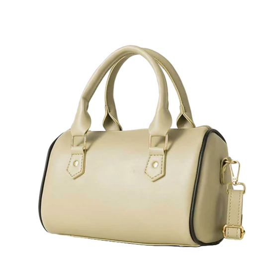 Women’s Drum-Style Handbag – Beige Faux Leather with Handles & Long Strap