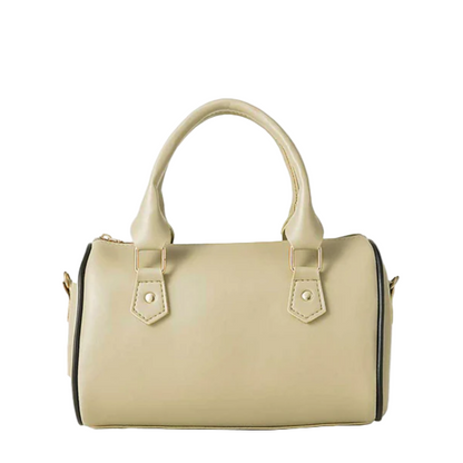 Women’s Drum-Style Handbag – Beige Faux Leather with Handles & Long Strap