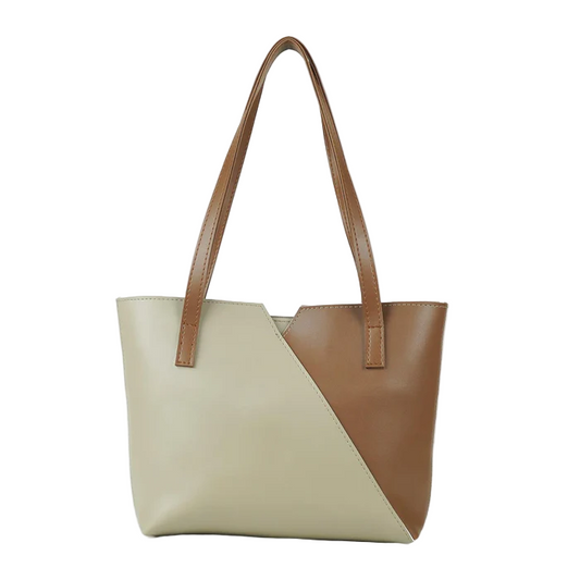 Women’s Faux Leather Shoulder Bag – Beige and Brown, Medium Tote with Fixed Straps and Top Zip Closure
