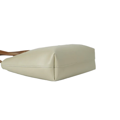 Women’s Faux Leather Shoulder Bag – Beige and Brown, Medium Tote with Fixed Straps and Top Zip Closure