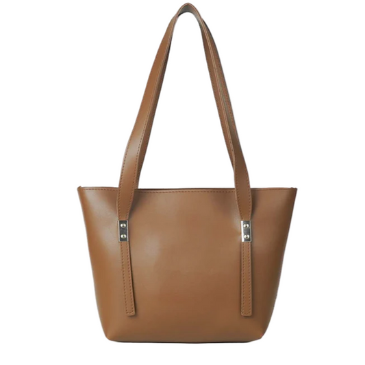 Women’s Brown Medium Shoulder Bag with Fixed Straps and Top Zip Closure