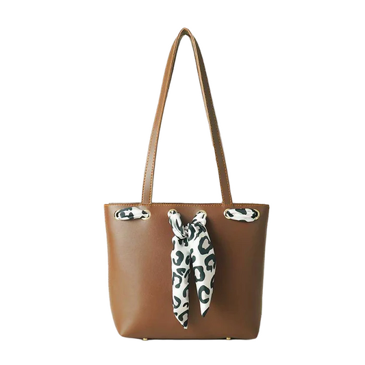 Women’s Faux Leather Shoulder Bag – Brown, Medium Tote with Scarf Accent, Fixed Straps, Inside Pocket, and Top Zip Closure