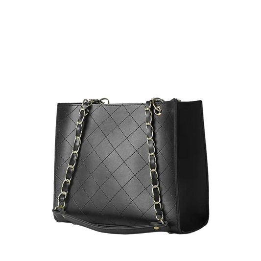Women’s Faux Leather Shoulder Bag – Black, Medium Size Tote with Double Compartments, Chain Straps, and Top Zip Closure